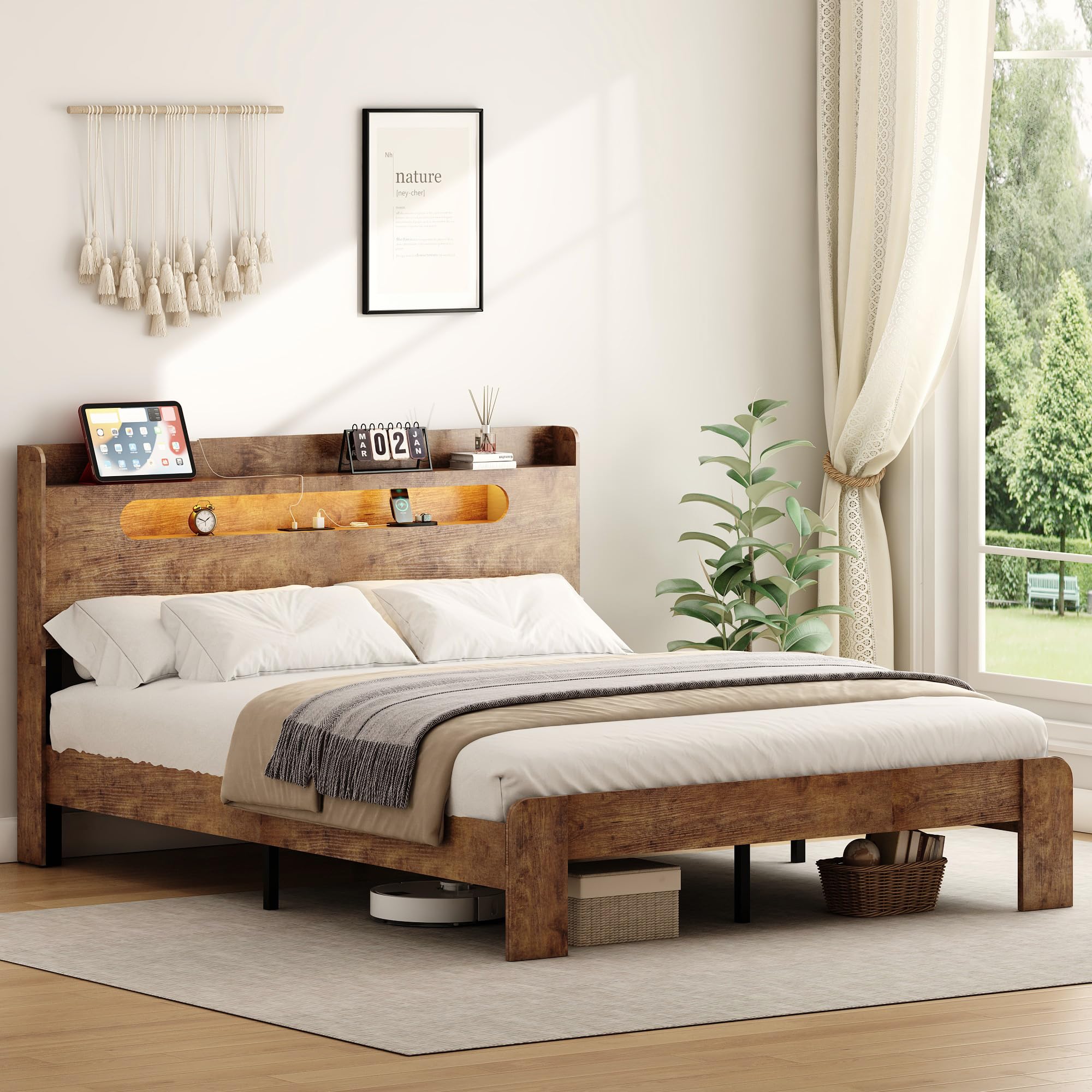 Decoholic Queen Size Wooden Bed Frame, Storage Headboard with Charging ...