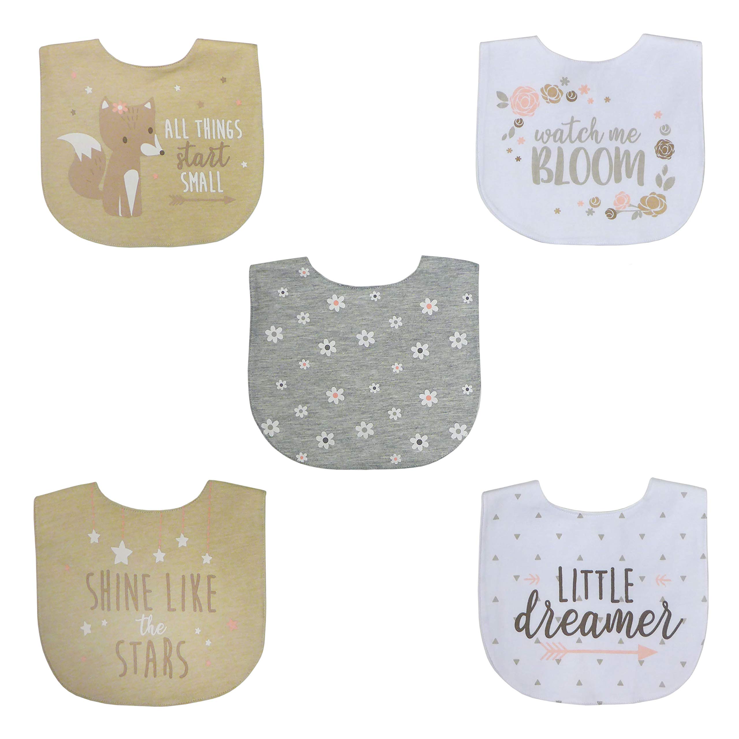 Neat Solutions 5 Pack Aspirational Bib Set with Mixed Fabrics & Water Resistant Inner Core - Girl, Grey Oatmeal While