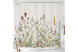 Riyidecor Wildflower Botanical Shower Curtain for Bathroom Decor 72Wx72H Inch Floral Flower Plant Herbs Sage Green Leaves Decorative Bath Set Bathroom Accessories Fabric Waterproof 12 Pack Hooks
