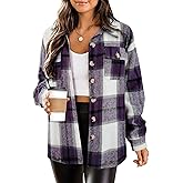 HOTOUCH Womens Flannel Plaid Shacket Jacket Button Down Tartan Trench with Pocket Long Sleeve Cropped Fashion Coat S-XXL
