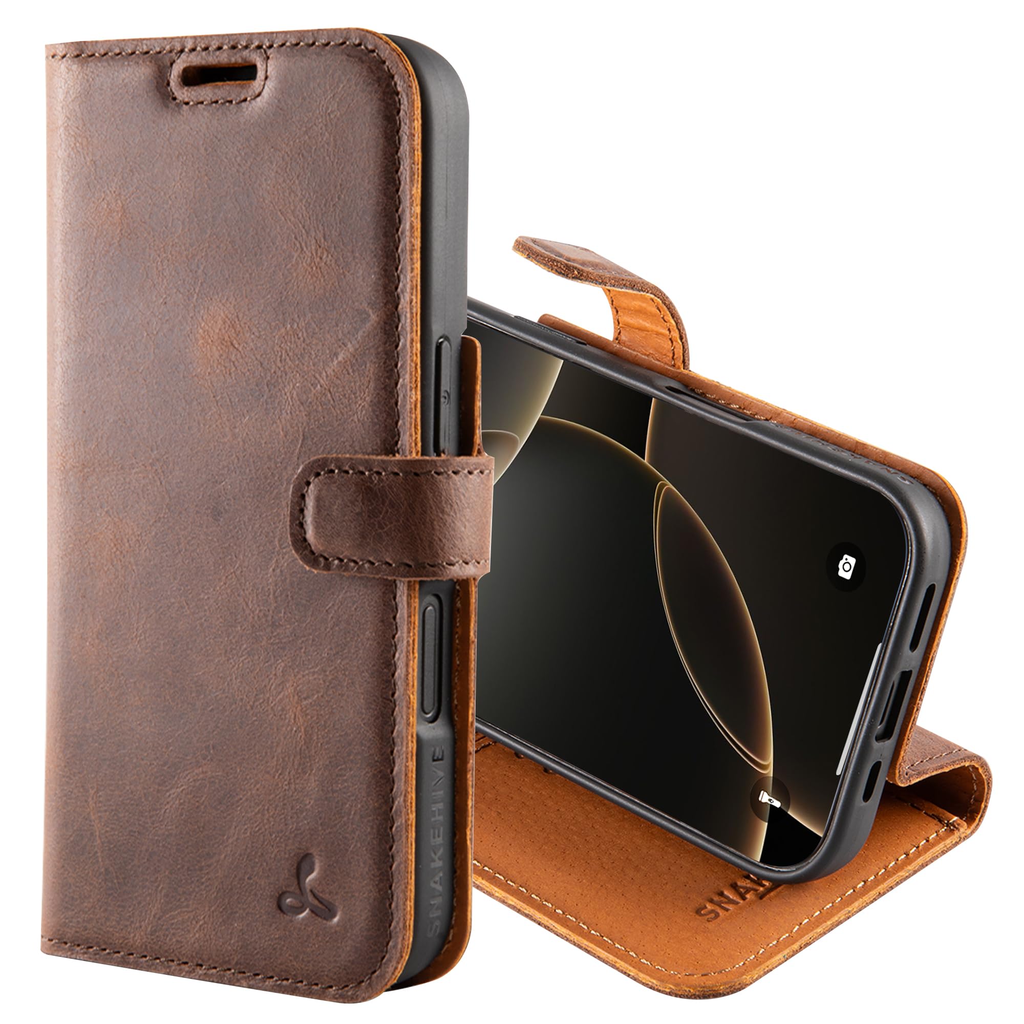 Snakehive Leather Wallet for iPhone 16 - Real Leather Wallet Phone Case with Viewing Stand and Card Holder - Flip Folio Cover with Card Slots (Brown)