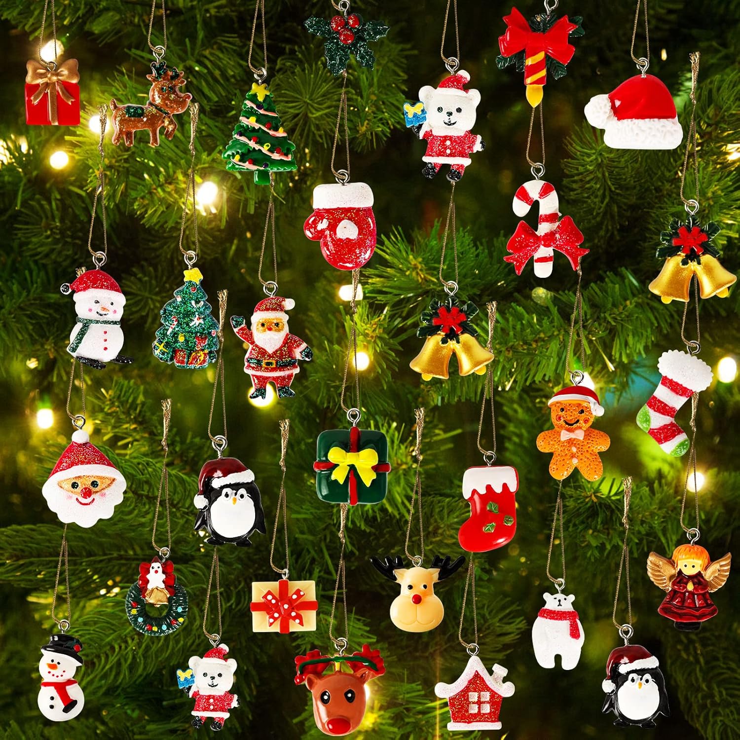 Ornaments - Garma 36PCS Mini Resin Christmas Ornaments Tiny Christmas Tree Decorations Set Comes with String Small Christmas Hanging Ornament for Christmas Tree Decorations