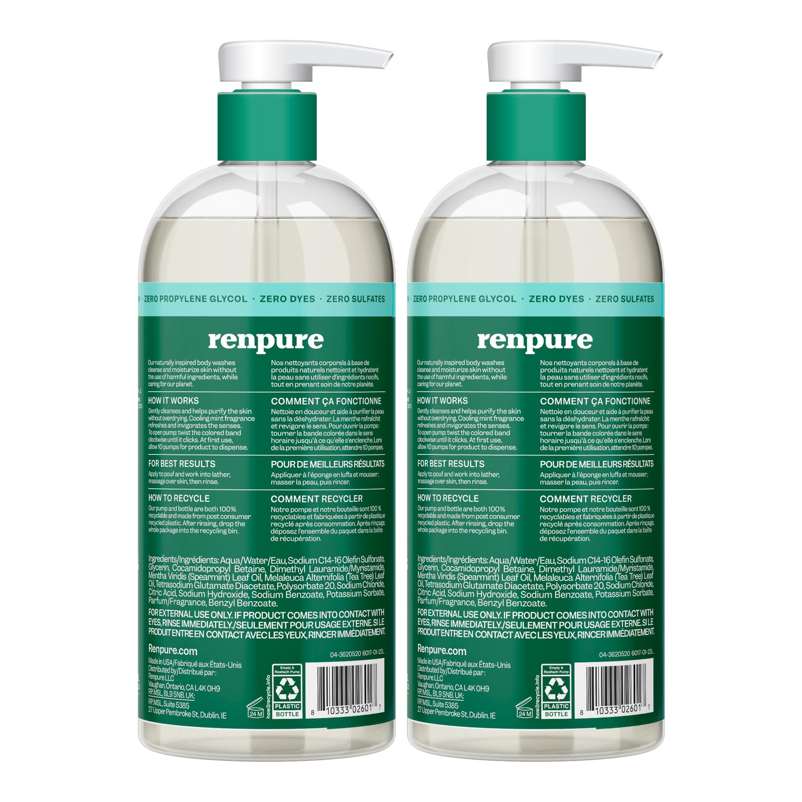 RENPURE Tea Tree & Mint Body Wash - Cleanses, Invigorates & Refreshes Skin Without Over-Drying - For All Skin Types - Tea Tree Leaf Oil, Spearmint Leaf Oil - 24 Fl Oz each, 2 Pack