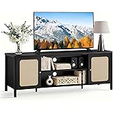 KISLOT Rattan TV Stand for TVs up to 75'' Boho Entertainment Center with Adjustable Shelf Television Stand with 2 Storage Cabinets Media Console Wooden TV Cabinet for Living Room Bedroom,Black
