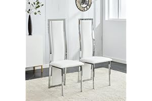ME2 Dining Chairs Set of 2, Sleek Silver Stainless Steel Legs, Leather Upholstered Dining Chairs for Kitchen and Dining Room (White)