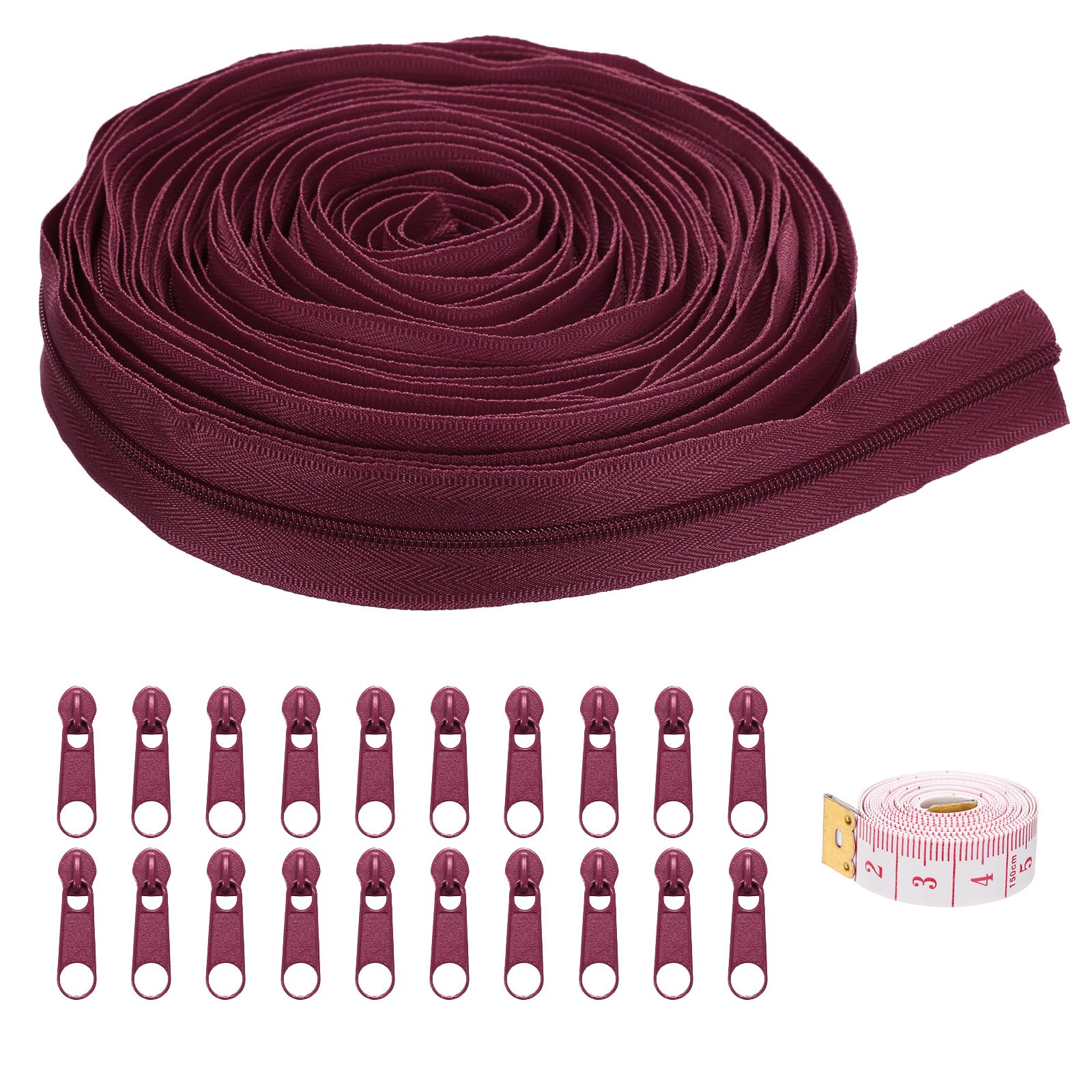 uxcell #3 10 Yards Nylon Coil Zippers, Bulk Coil Zipper by The Yards with 20 Pcs Zippers Sliders and Ruler for DIY Tailor Sewing Craft Bag Clothes, Wine Red