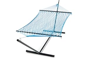 PNAEUT Double Hammock with Stand for Outside, Rope Hammocks with Hardwood Spreader Bar 2 Person, 12ft Heavy Duty Stand, Extra Pillow, Max 475 lbs Capacity (Aqua Blue)