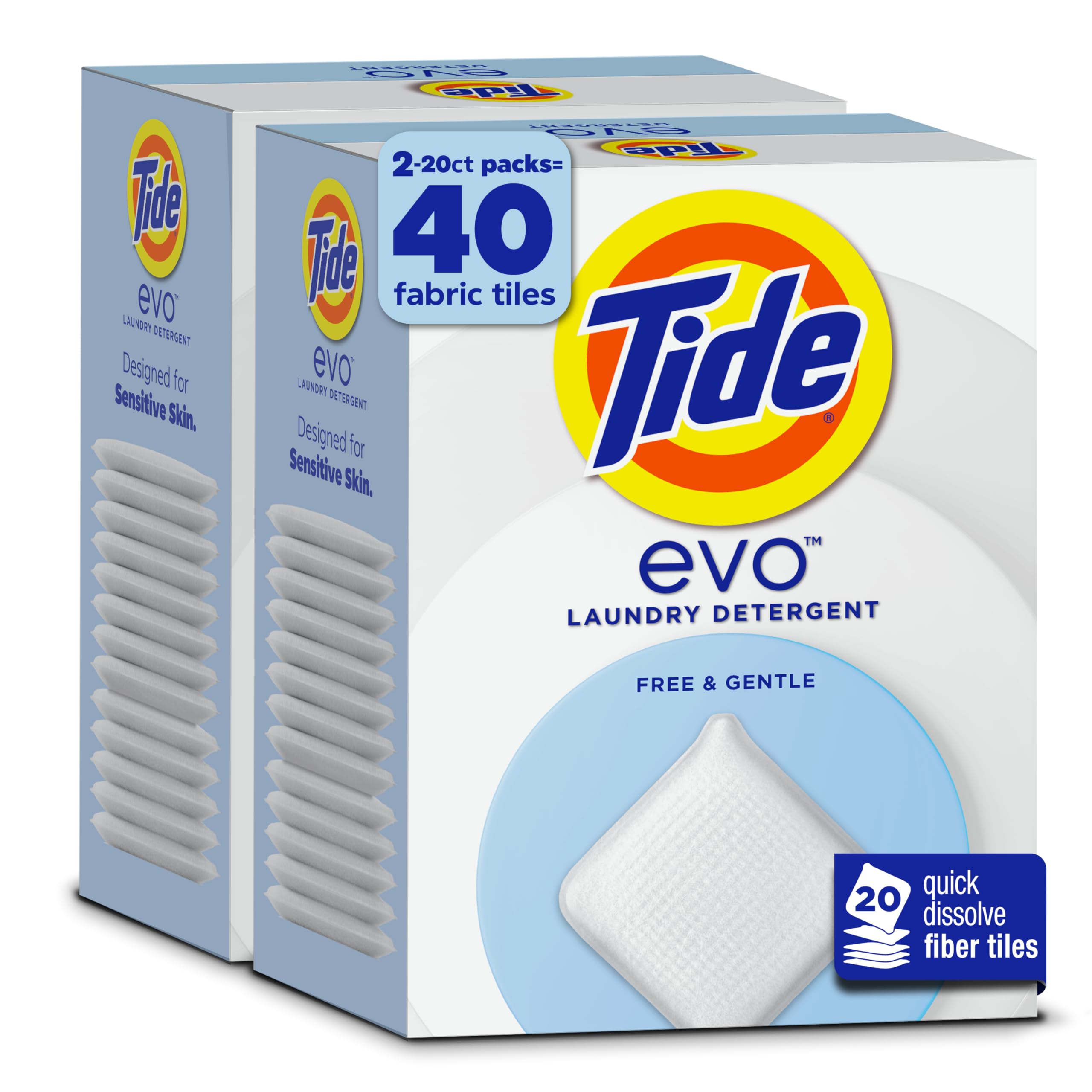 Photo 1 of *** one pack ***Tide evo Free & Gentle Tiles Fragrance-Free Hypoallergenic Laundry Detergent Fiber Tiles for Sensitive Skin Works on 100% of Common Stains Safe for All Machines and Water Conditions, 40 Count