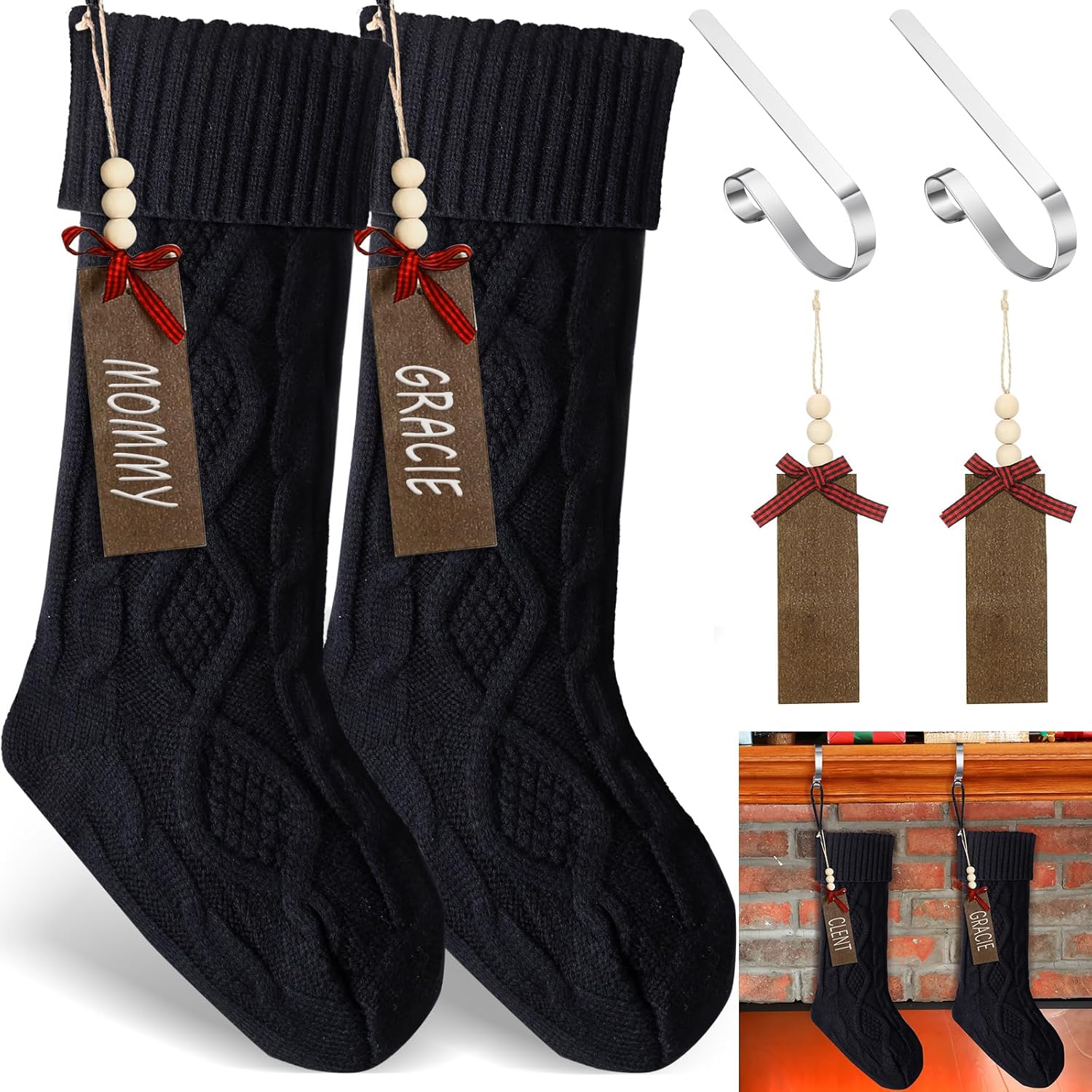 Stockings & Holders - Zubebe 2 Sets Christmas Stockings Xmas Knitted Stockings Kit 18 inch Large Knit Xmas Stocking Metal Stocking Holder and Name Tags with Marker Pen for Family Holiday Xmas Party Fireplace (Black)
