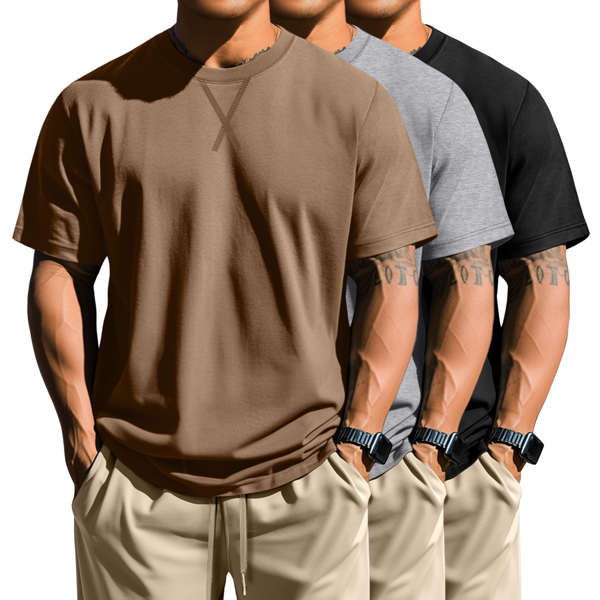 Photo 1 of *ONLY 1* Neer 3 Pack Men's Big and Tall T-Shirts Cotton Short Sleeve Crewneck Plus Size Tee Shirts Hipster Longline Tops(Brown, Light Grey, Black,4X-Large)