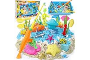 Cleboen Ocean Sensory Bin - 2lbs Magic Sand & Magnetic Fishing Toys, 30PCS Play Sand Kits - 3 Fish, 6 Molds & 8 Ocean Animals - Sensory Toys for Toddlers Kids Birthday 3 4 5 6 7 8 Year Old