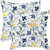 Yellow Blue Floral Pillow Covers 18x18 Set of 2 Spring Decorative Pillow Cases Summer Watercolor Plants Leaves Cushion Cover Farmhouse Vintage Decor Linen Outdoor Throw Pillows for Couch Home