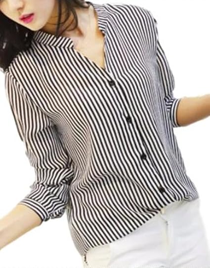 Amazon Kiritoa キリトア ブラウス シャツ ストライプ モノトーン 襟なし 開襟 Vネック Xl ブラック シャツ ブラウス 通販