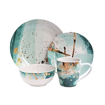 American Atelier 7116-16-RB Soiree Splatter Dinnerware Set, 10.5 x 10.5, Teal