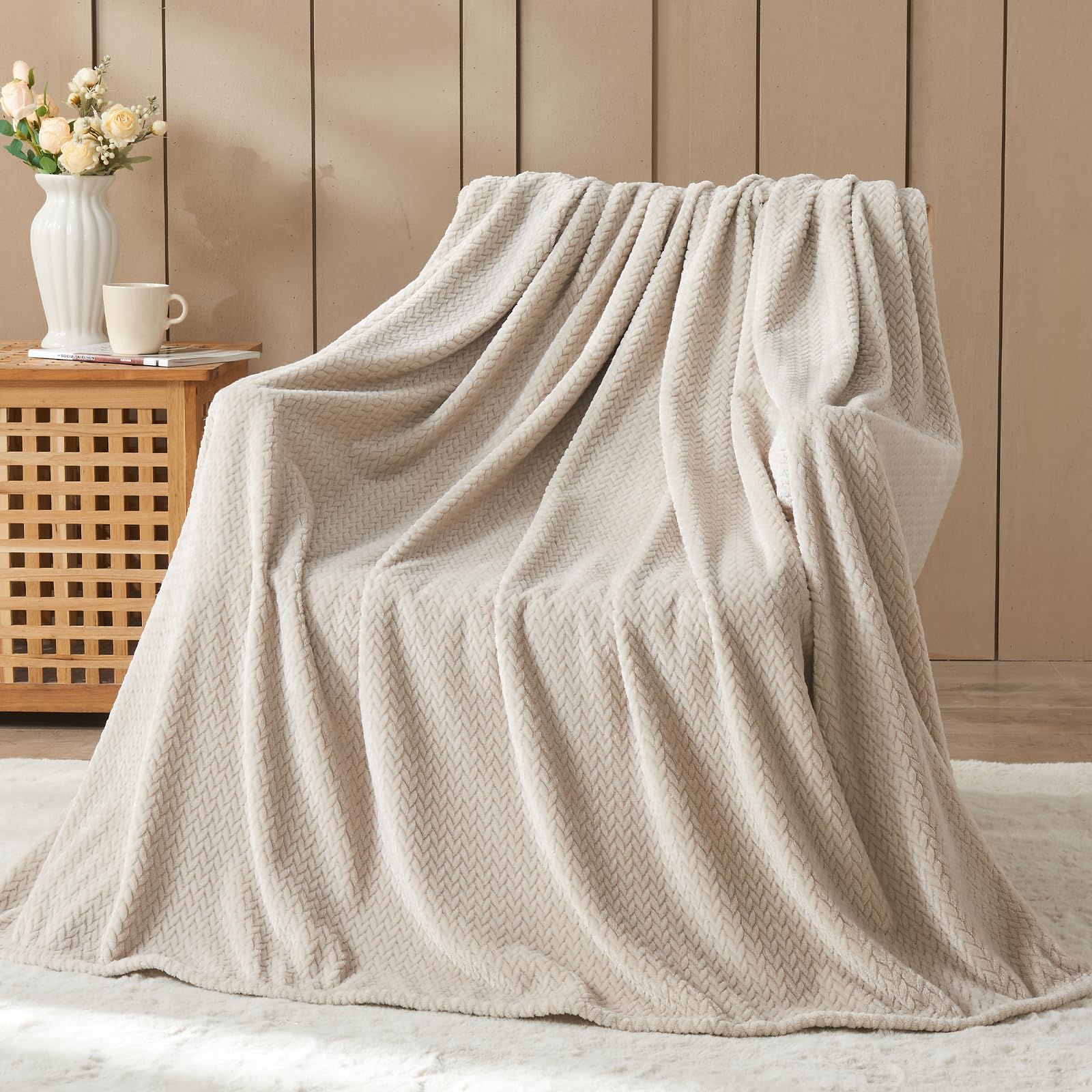 Photo 1 of NEWCOSPLAY Super Soft Throw Blanket Linen Premium Silky Flannel Fleece Leaves Pattern Lightweight Bed Blanket All Season Use (Linen, Throw(50"x60"))
