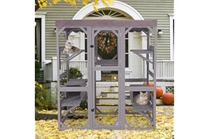 SUUMERPETY Wooden Catio Outdoor Cat Enclosure,Large Luxury Kitty-House with 7 Jumping Platforms & Weatherproof Asphalt Roof,Walk-in Kitty Kennel Condo Shelter and 2 Napping Houses (Grey, Large)