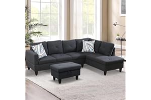 SumKea L-Shaped Sectional Sofa Set 3-Piece Luxurious Flannelette 5-seat Couches with Ottoman, Right Facing Chaise with Pillows, Perfect for Modern Living Room, Black Grey