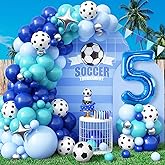 Soccer 5th Birthday Decorations for Boys, Royal Blue Teal Light Blue Balloon Garland Arch Kit with 40 Inch Blue Number 5 Balloon, Soccer 5th Birthday Balloons Arch for Kids Football Theme Club Party