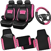 CAR PASS Universal Leather Pink Lace Car Seat Covers Full Set for Women Girls, Waterproof Car Floor Mats Carpet, Steering Wheel Cover for Car Accessories Interior Sets 10PCS Included