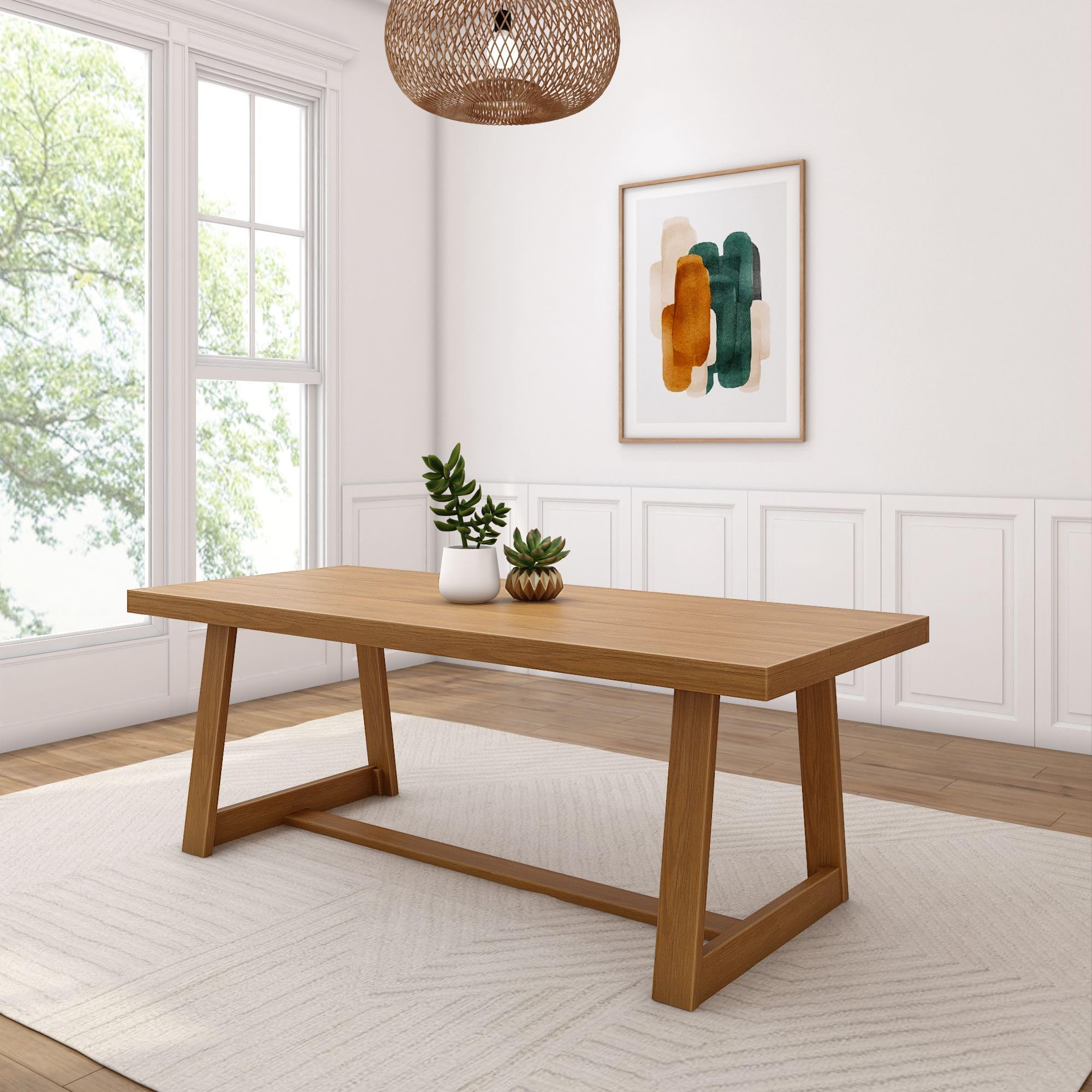 Photo 1 of Plank+Beam 84 Inch Farmhouse Dining Table, Solid Wood Rustic Kitchen Table, Large Wooden Rectangular Dinner Table for Dining Room, Home Office, Living Room Furniture, Easy Assembly, Pecan Wirebrush