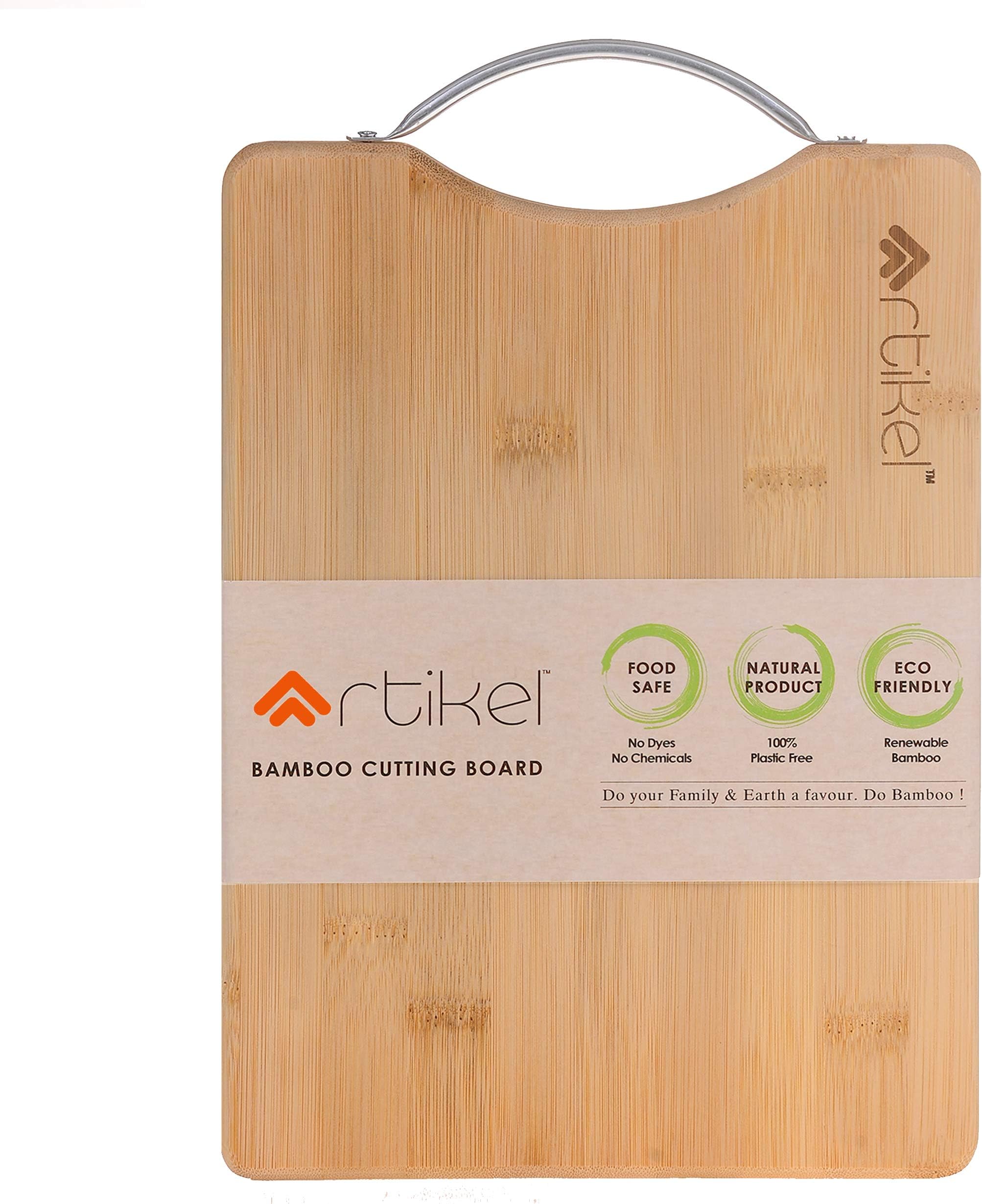 Artikel® Bamboo Cutting Board | Practical Handmade Design with Stainless Steel Handle | Chopping, Dicing & Mincing | Extra Thick | Small | 30 cm x 20 cm x 2 cm