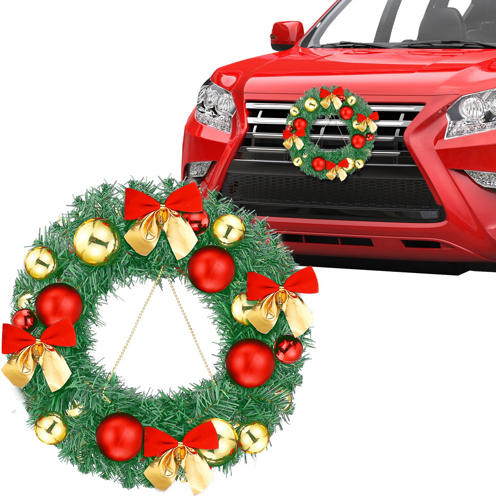 Photo 1 of Knitgrip Christmas Car Wreath 11.81 Inch Large Artificial Car Wreath Decoration Xmas Truck Front Grille Exterior Decor Outdoor Christmas Wreath with Cable Ties for SUV Holiday Festival Accessories