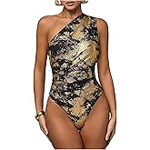 WDIRARA Women's Tie Dye Mesh One Shoulder Bodysuit Metallic Sleeveless Asymmetrical Tank Body Suits