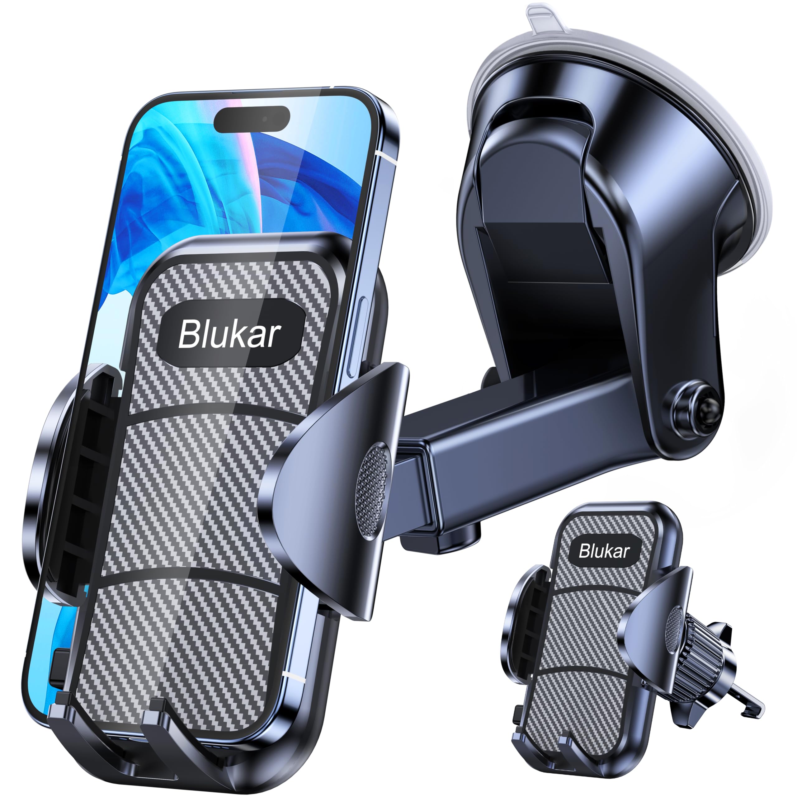 Blukar Car Phone Holder, Adjustable Car Phone Mount Cradle 360° Rotation - 4 in 1 Super Stable for Dashboard/Windscreen/Air Vent, One Button Release for All 4.7 to 6.7 inch Smartphones