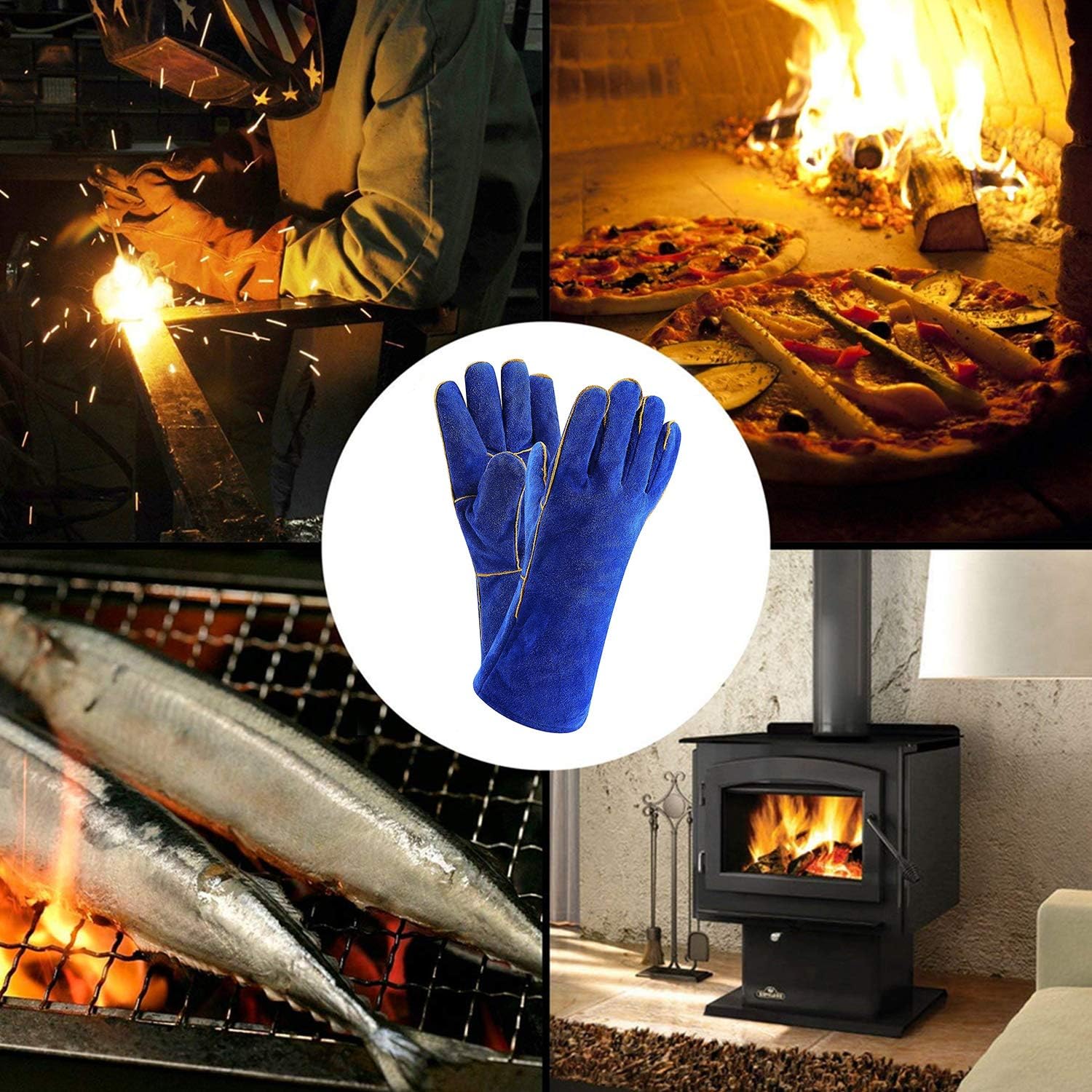 DEKO Welding Gloves 14 inch Leather Forge Heat Resistant Blue Welding Glove for Mig, Tig Welder, Furnace, Fireplace and More (Blue), Camping, Stove, BBQ - - 