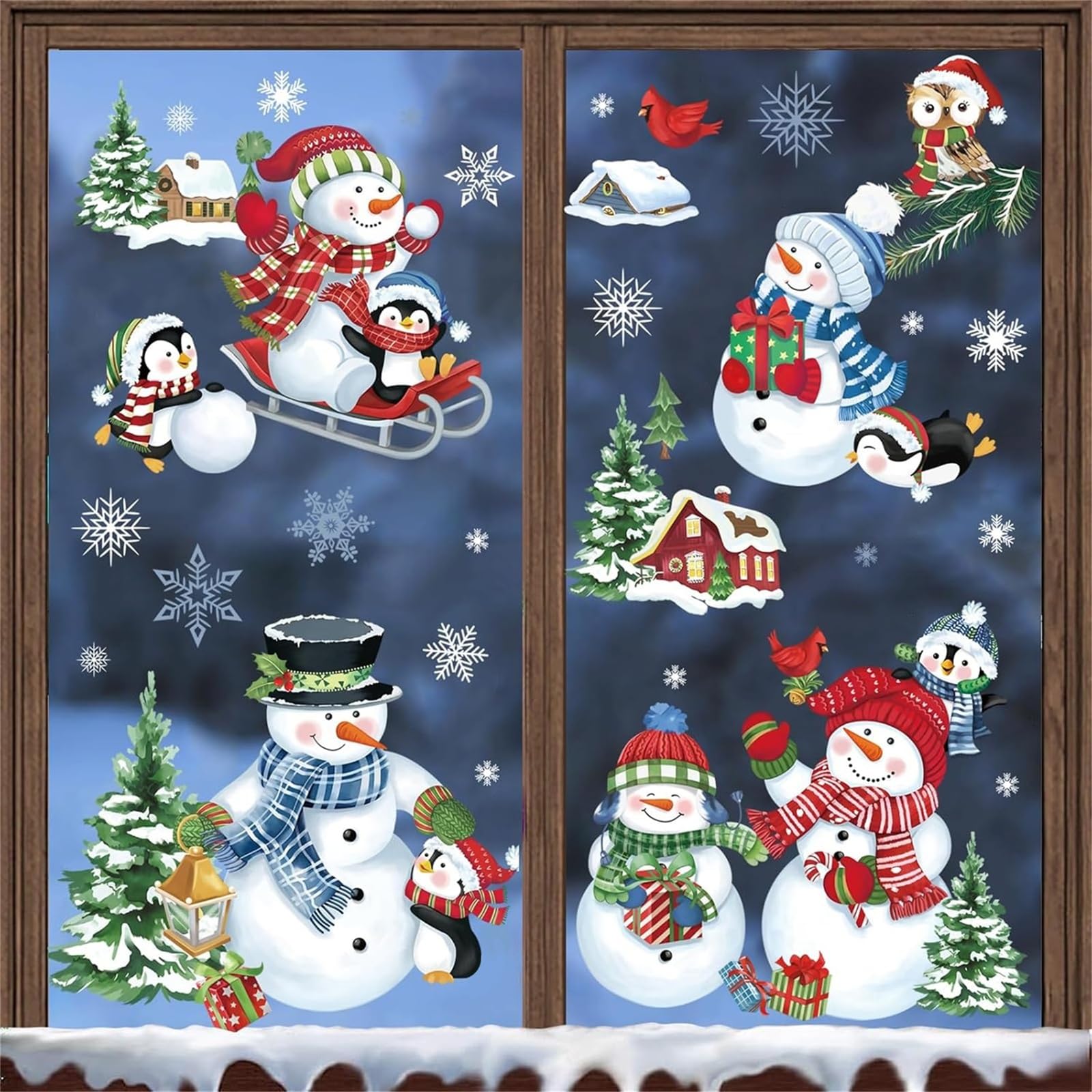 decalmile Christmas Winter Snowman Penguin Window Clings Reusable Christmas Tree Snowflake Window Decals Double Side Printed Window Glass Mirror Party Decoration