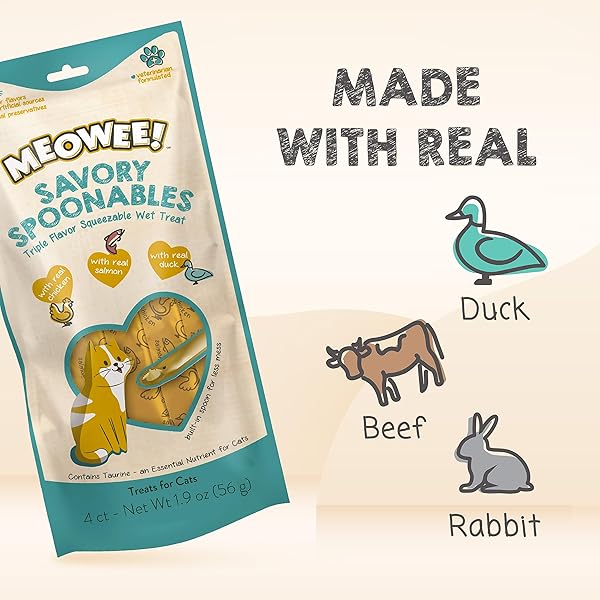 MEOWEE! SAVORY SPOONABLES WITH REAL CHICKEN, SALMON & DUCK, 4 COUNT TUBE, TRIPLE FLAVOR SQUEEZABLE LICKABLE WET TREATS FOR CATS WITH BUILT-IN SPOON FOR LESS MESS