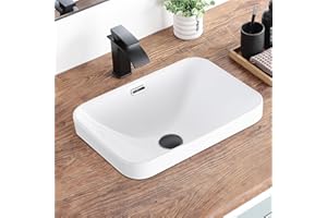 KDKSC Bathroom Vessel Sink 18.2'' x 13.3'' Small Semi Recessed Bathroom Sink Rectangular Drop in Sink with Overflow White Cer