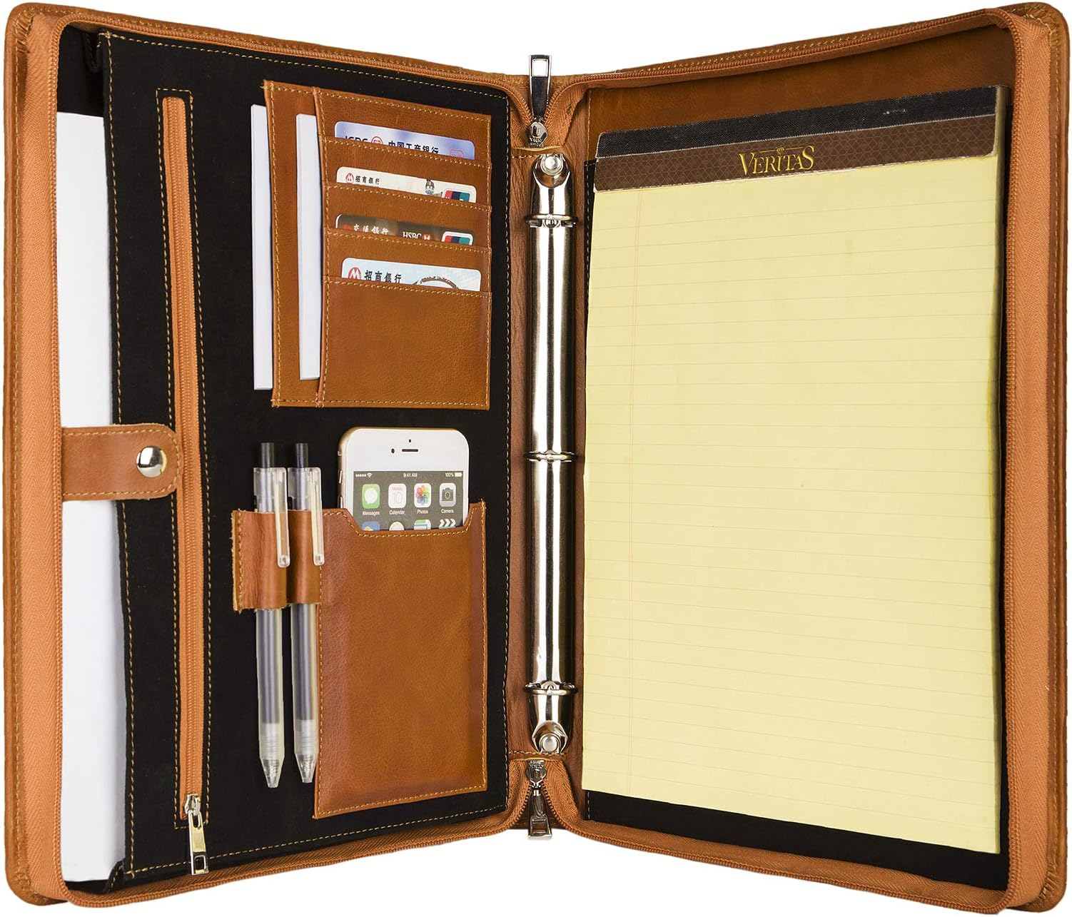 [Logo/Initials/Full Name Engraved] Personalized Handmade Genuine Leather Padfolio Portfolio for Tablet/Laptop,3 Ring Binder Document Organizer with A4 Size Notepad Holder,Gift for Men,Brown