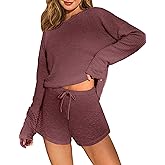 Ekouaer Waffle Knit Pajama Sets for Women Solid Lounge Sets Long Sleeve Top and Shorts Pjs S-XXL