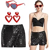 GMTCHLF Sequin Shorts for Women High Waist Elastic with Heart Sunglasses Earrings Sparkly Glitter Party Shorts Black