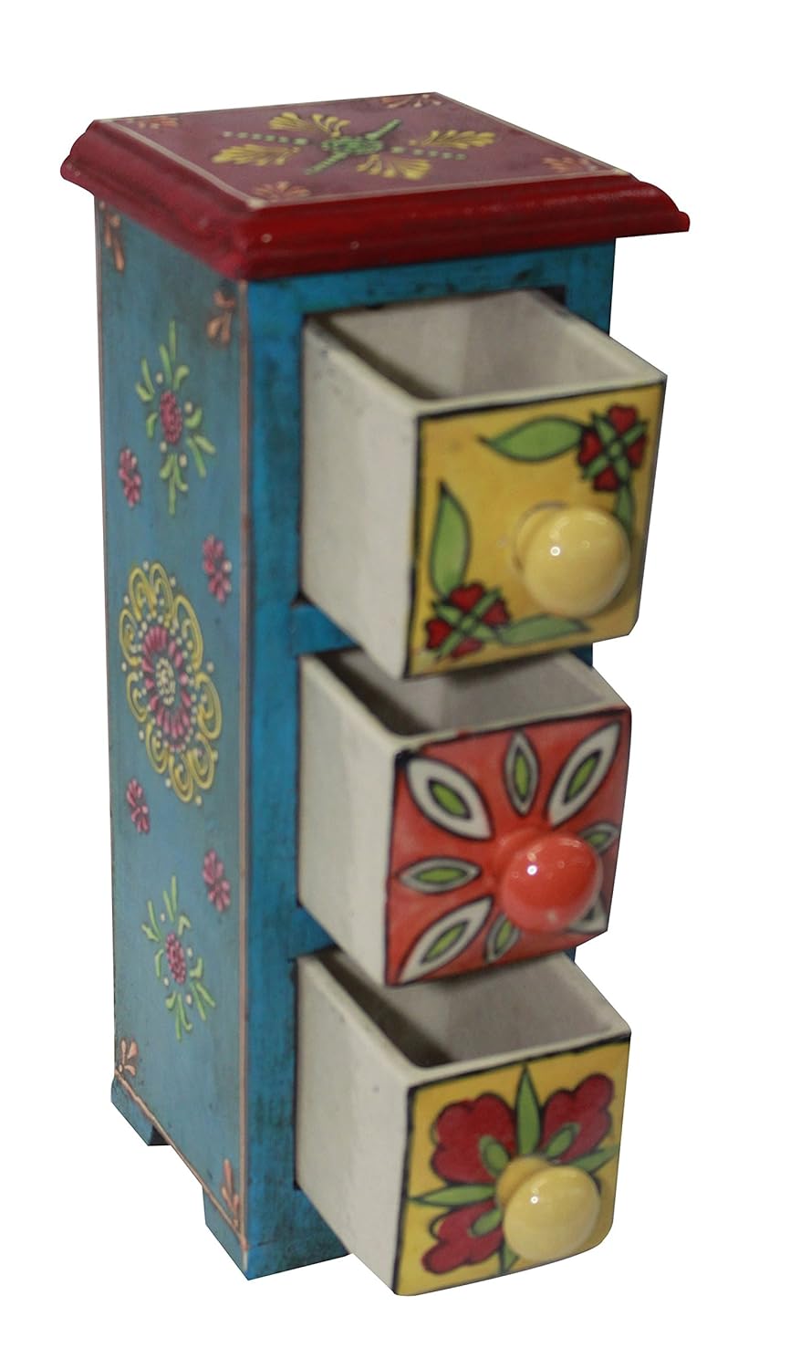 Wooden Ceramic Three Drawer Emboss Painted Vertical Jewellery Box