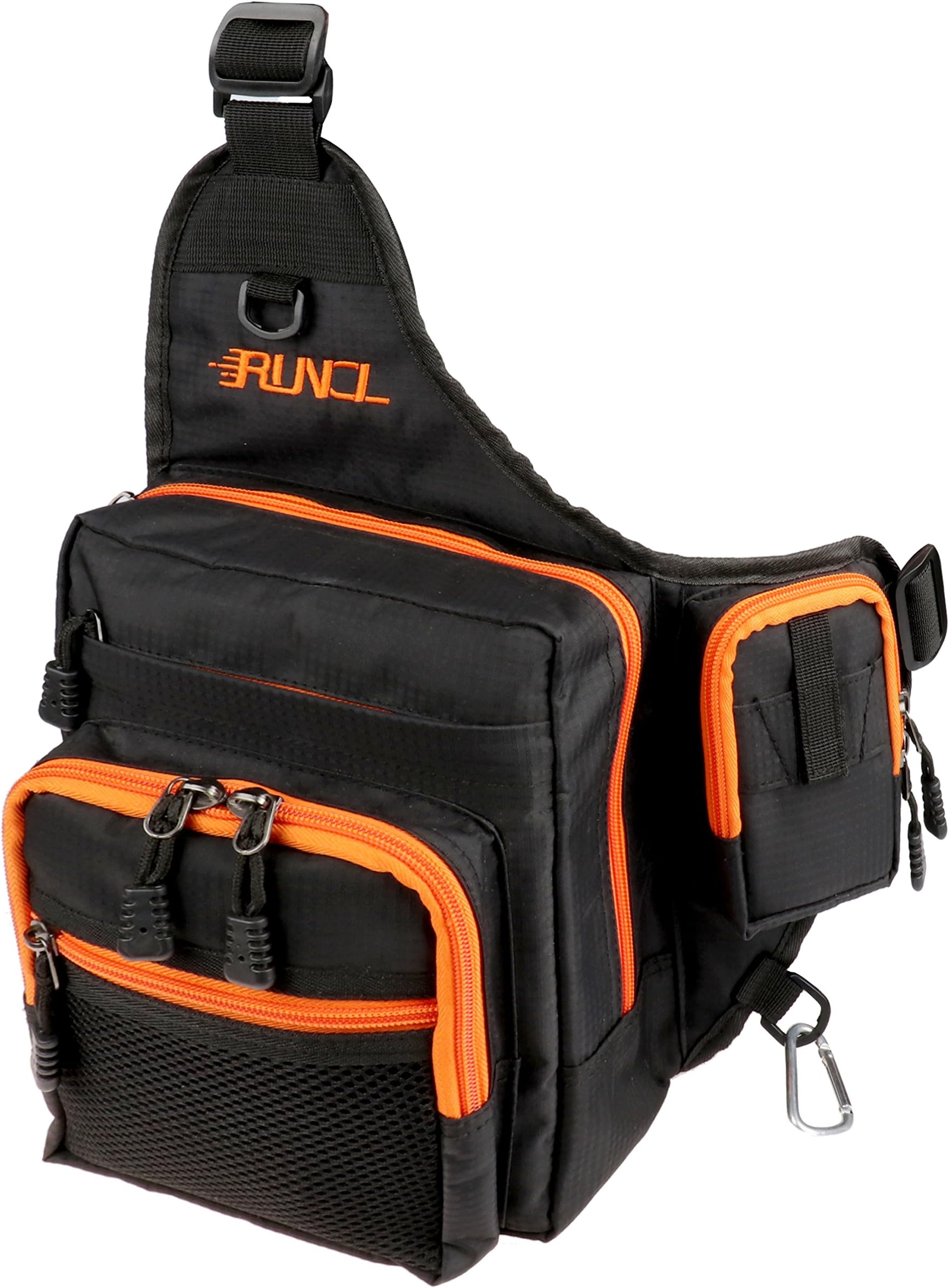 RUNCL Outdoor Sports Shoulder Bag, Crossbody, Fly Fishing Tackle Storage Bag - Multi Pockets, Adjustable Shoulder Strap, Ergonomic Mesh Pad - Climbing Hiking Hunting Traveling (Black)