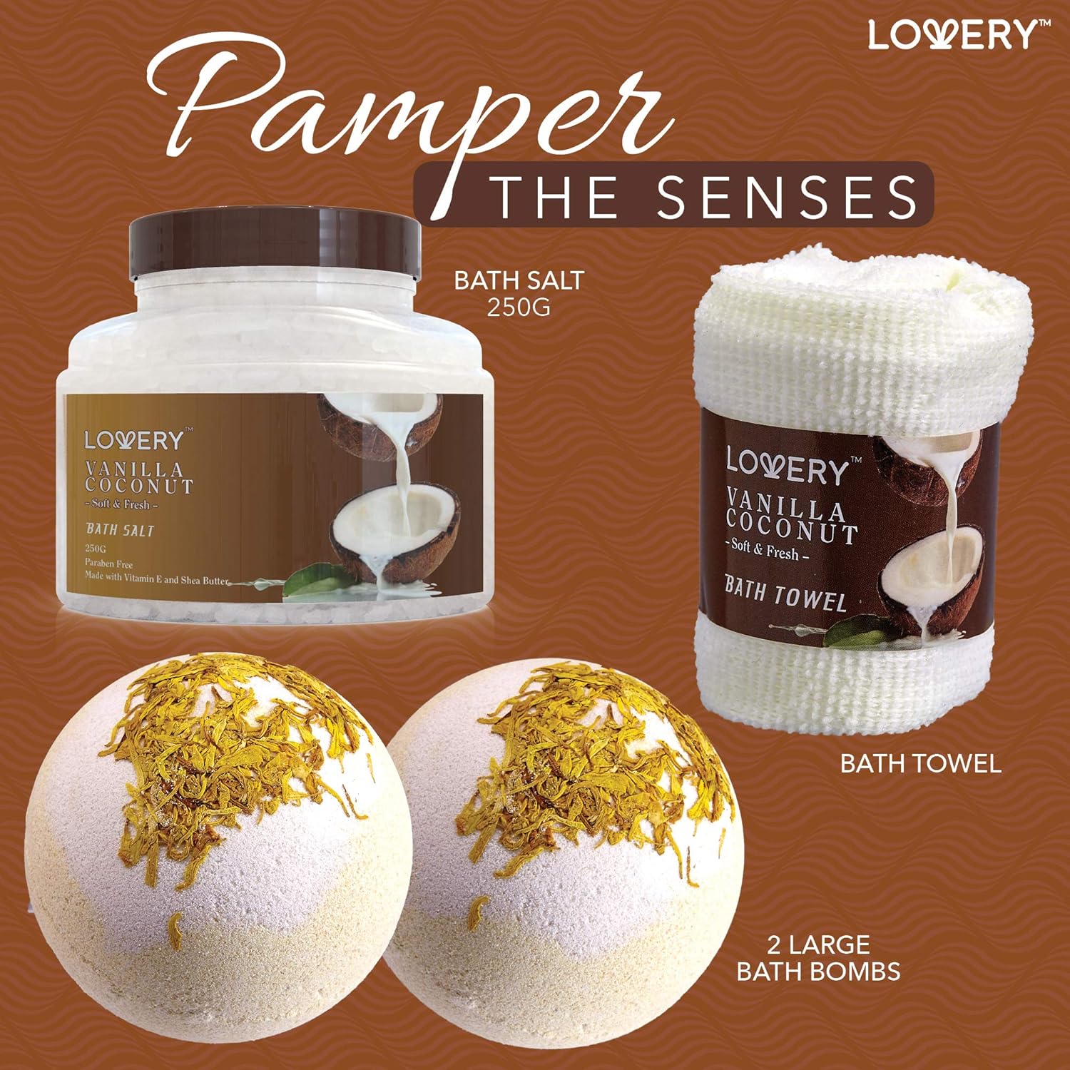 Bath and Body Gift Basket For Women and Men – 9 Piece Set of Vanilla Coconut Home Spa Set, Includes Fragrant Lotions, Extra Large Bath Bombs, Coconut Oil, Luxurious Bath Towel & More : Beauty