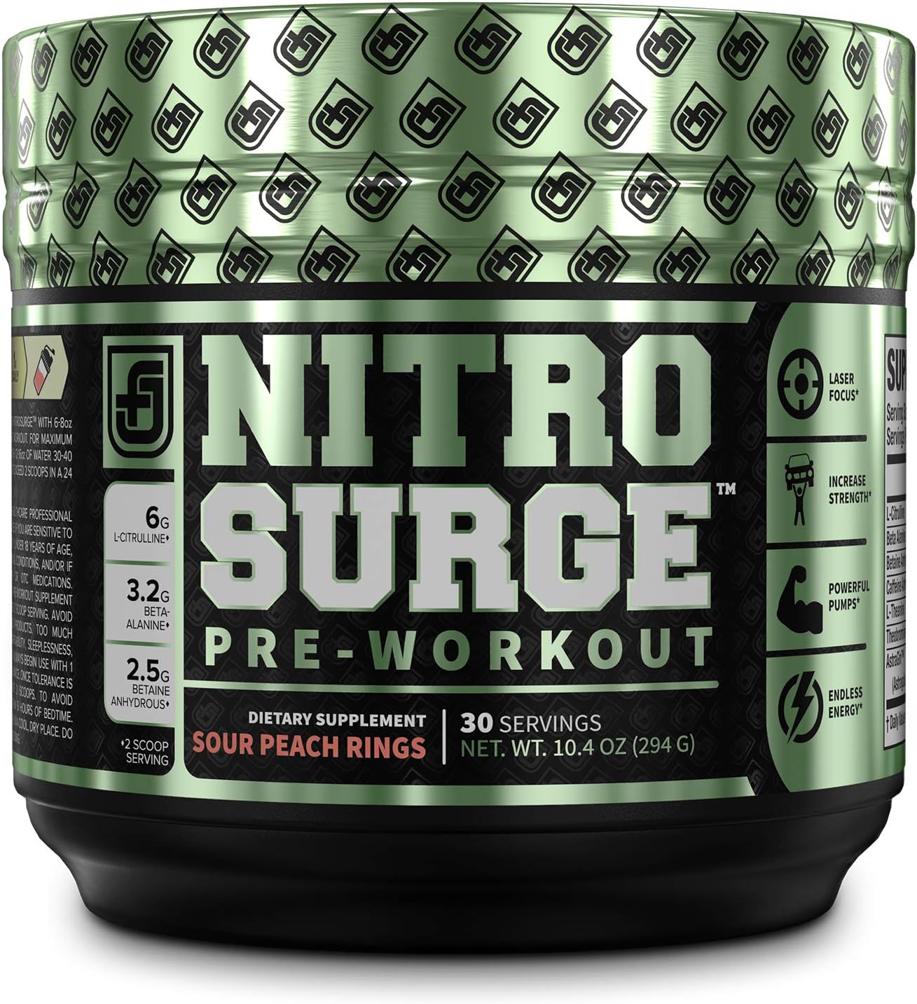 NITROSURGE Pre Workout Supplement - Endless Energy, Instant Strength Gains, Clear Focus, Intense Pumps - Nitric Oxide Booster & Powerful Preworkout Energy Powder - 30 Servings, Sour Peach Rings: Health & Personal Care