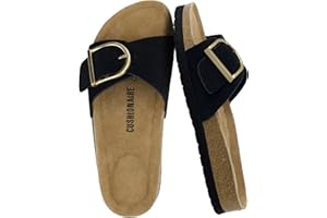 CUSHIONAIRE Leeds 100% Genuine Leather Suede Womens Sandals, Comfortable Slides for Women with Adjustable Statement Buckle