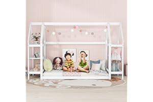 Harper & Bright Designs Twin Floor Bed for Kids, Wood House Floor Bed Frame with 2 Detachable Stands, Twin Size House Bed for Children Girls, Boys,Can be Decorated, White