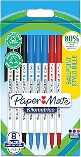 Paper Mate Kilometrico Ballpoint Pens 1.0mm Black Blue Red 8 Count 80% Recycled