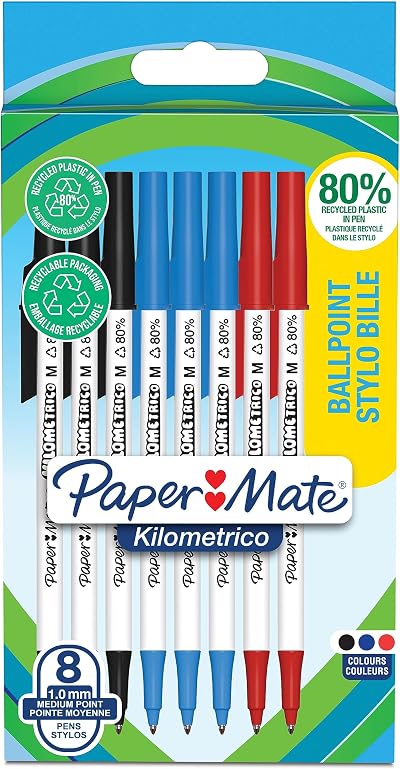 Paper Mate Kilometrico Ballpoint Pens 1.0mm Black Blue Red 8 Count 80% Recycled