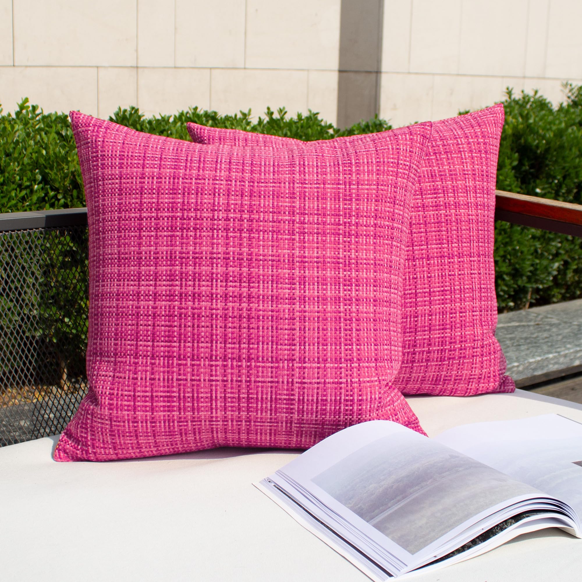Photo 1 of Kevin Textile Pack of 2 Decorative Outdoor Waterproof Throw Pillow Covers Lumbar Pillowcases Modern Cushion Cases for Patio Couch Bench 22 x 22 Inch Hot Pink