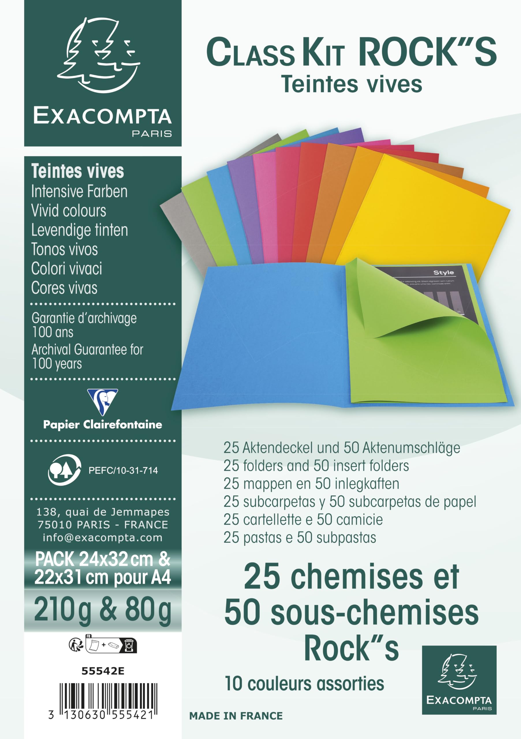 Exacompta - Ref 55542E - Rocks Collection - Square Cut Folders - 240 x 320mm in Size, Suitable for A4 Documents, 220gsm & 80gsm Material - Assorted Colours (Pack of 75)