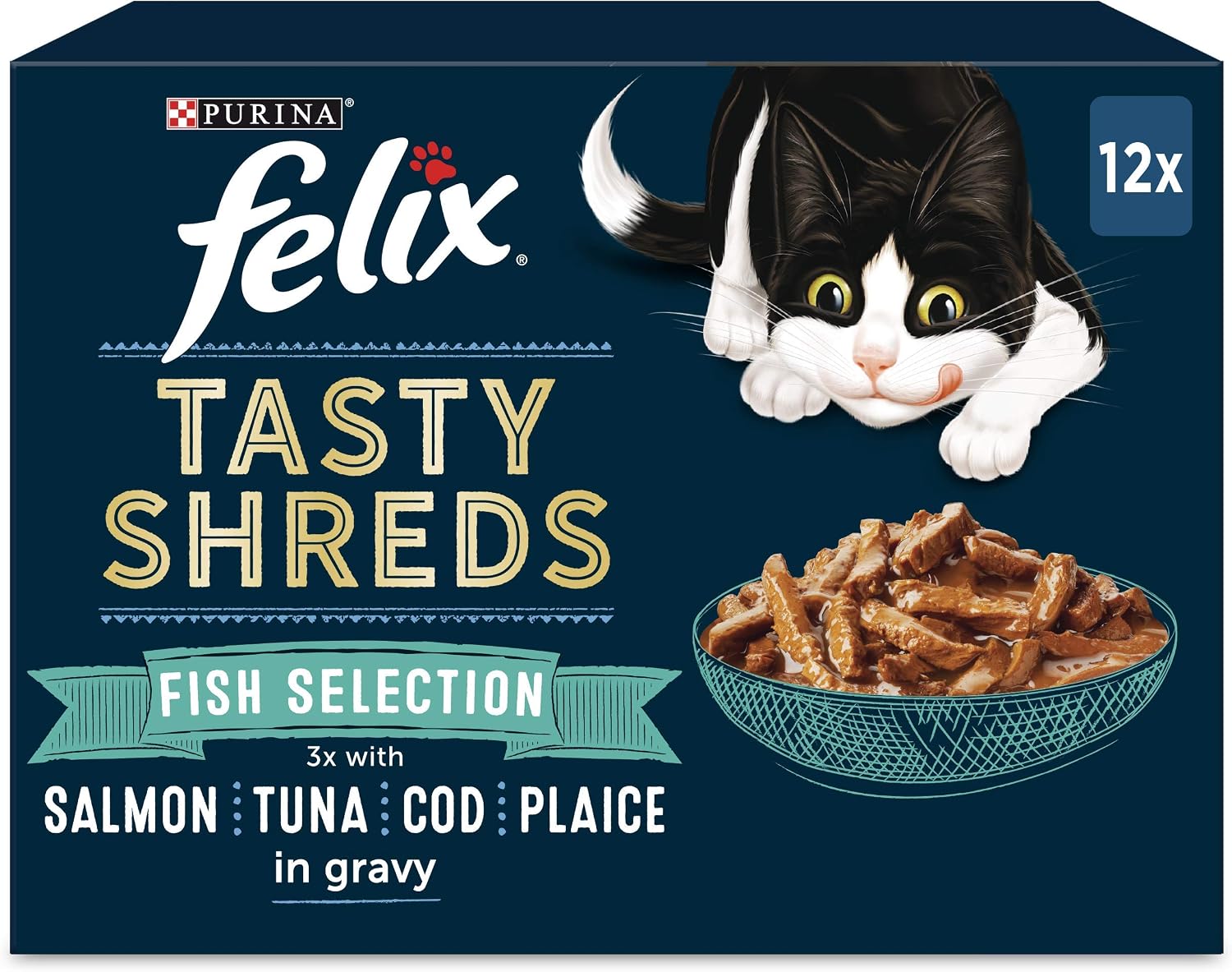 Felix Tasty Shreds Cat Food Fish Selection in Gravy 12x80g, 240 g (Pack of 4)