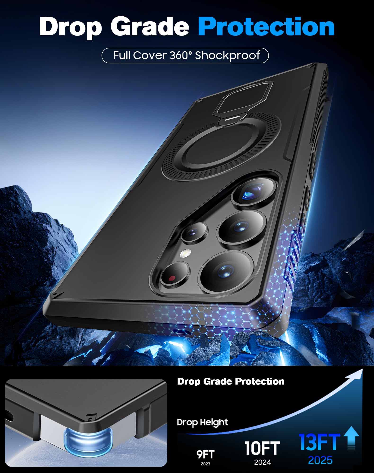 CENMASO Magnetic Case for Samsung Galaxy S25 Ultra with 360° Spin Stand, Compatible with Magsafe, Military Grade Protection, Shockproof Case for Galaxy S25 Ultra with Kickstand & Ring Stand, Black