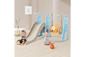 DUKE BABY 4-in-1 Toddler Slide and Swing Set with Extra Large Playground, Basketball Hoop & Climber, Indoor/Outdoor Playset, Castle Collection - Blue & Yellow