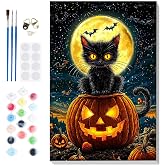 Bowetile Halloween Framed Paint by Numbers for Adults Beginners, Easy Adults' Paint-by-Number Black Cat Kits on Canvas, Acrylic Number Painting Crafts Kits Halloween Gifts for Home Decor, 8x12in