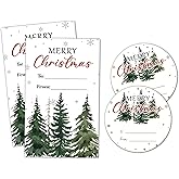 YSTEP Merry Christmas Trees Gift Tags Stickers - 40 Pcs Watercolor Christmas Snowy Pine Tree Labels for Xmas Gift Wrapping - Winter Holiday Party Decorations -A01